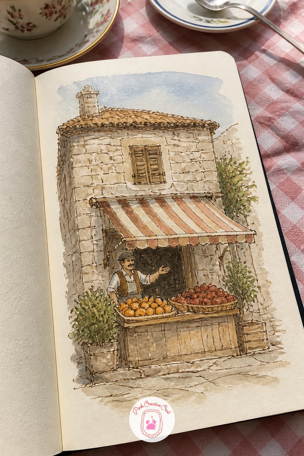 Fruit Vendor Under a Striped Awning — Build this one in three marks before anything else: the building's window line, the awning's slanted edge, then the