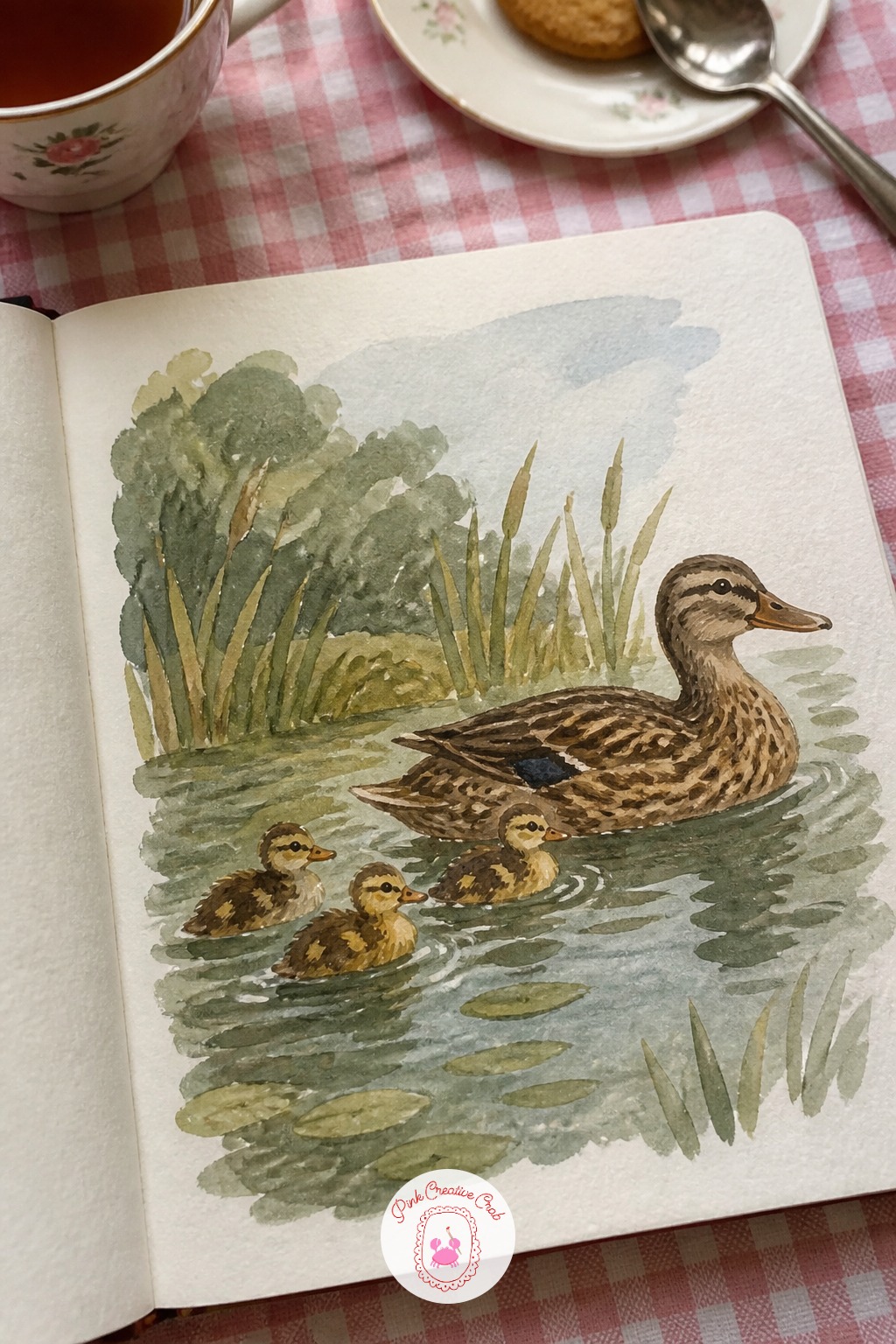 Duck and Ducklings in a Pond — Start with the simplest shapes in the whole book: an oval body for the mother duck, a smaller oval tucked behind for one