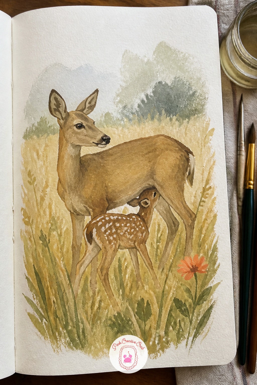 Deer Fawn Nursing in a Meadow — Lay down the doe's body first as one long curved shape, then add the fawn's smaller body tucked against her side before any