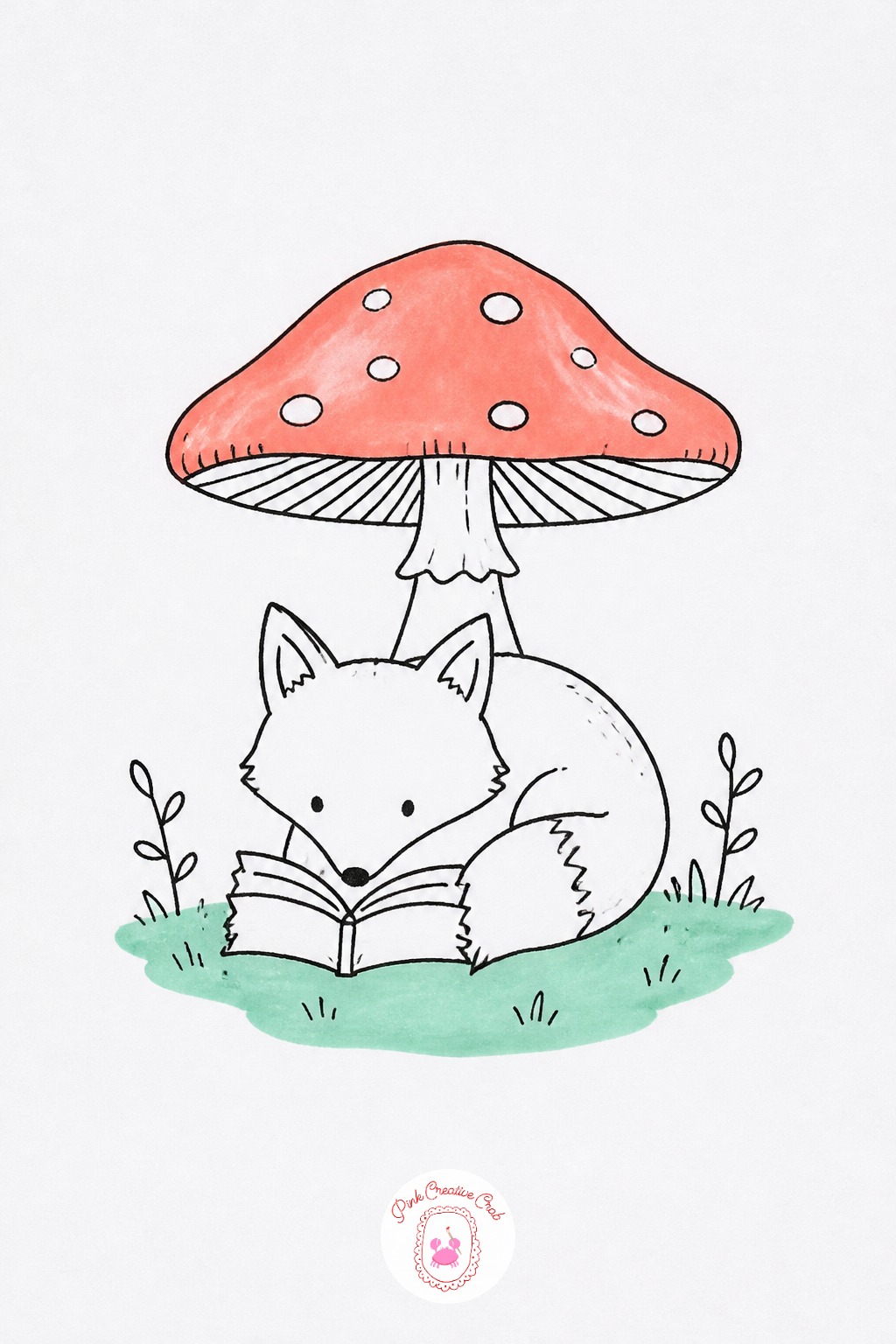 Fox Reading Under a Mushroom — Start with an oval for the fox's curled body, tucked small under the mushroom cap like a cushion. Sketchbook doodles