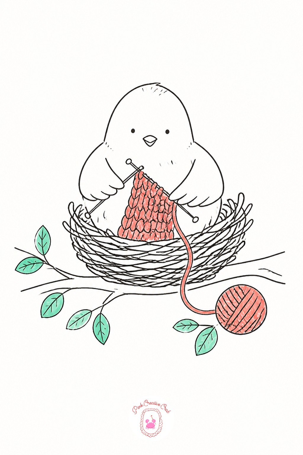 Bird Knitting Its Own Nest — Sketch the bird's body first as a plump teardrop shape, since the whole gag depends on the bird looking settled and busy rather