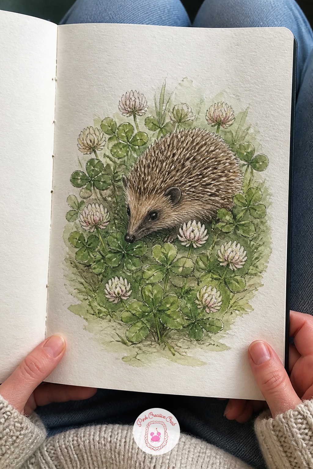 Hedgehog Snuffling Through Clover — Clover leaves are three small ovals joined at a center point, easiest drawn as a tiny triangle of dots in pencil first