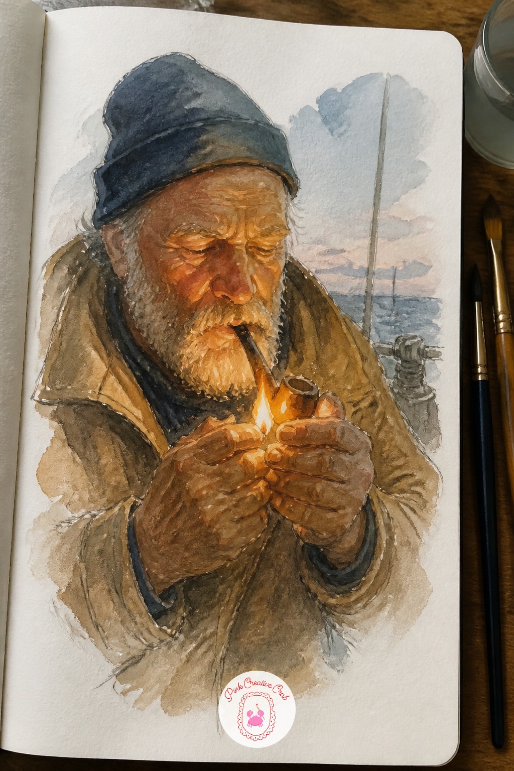 Fisherman Lighting His Pipe — Start with a soft graphite outline of the head and the cupped hands around the match, nothing else. Sketchbook portrait