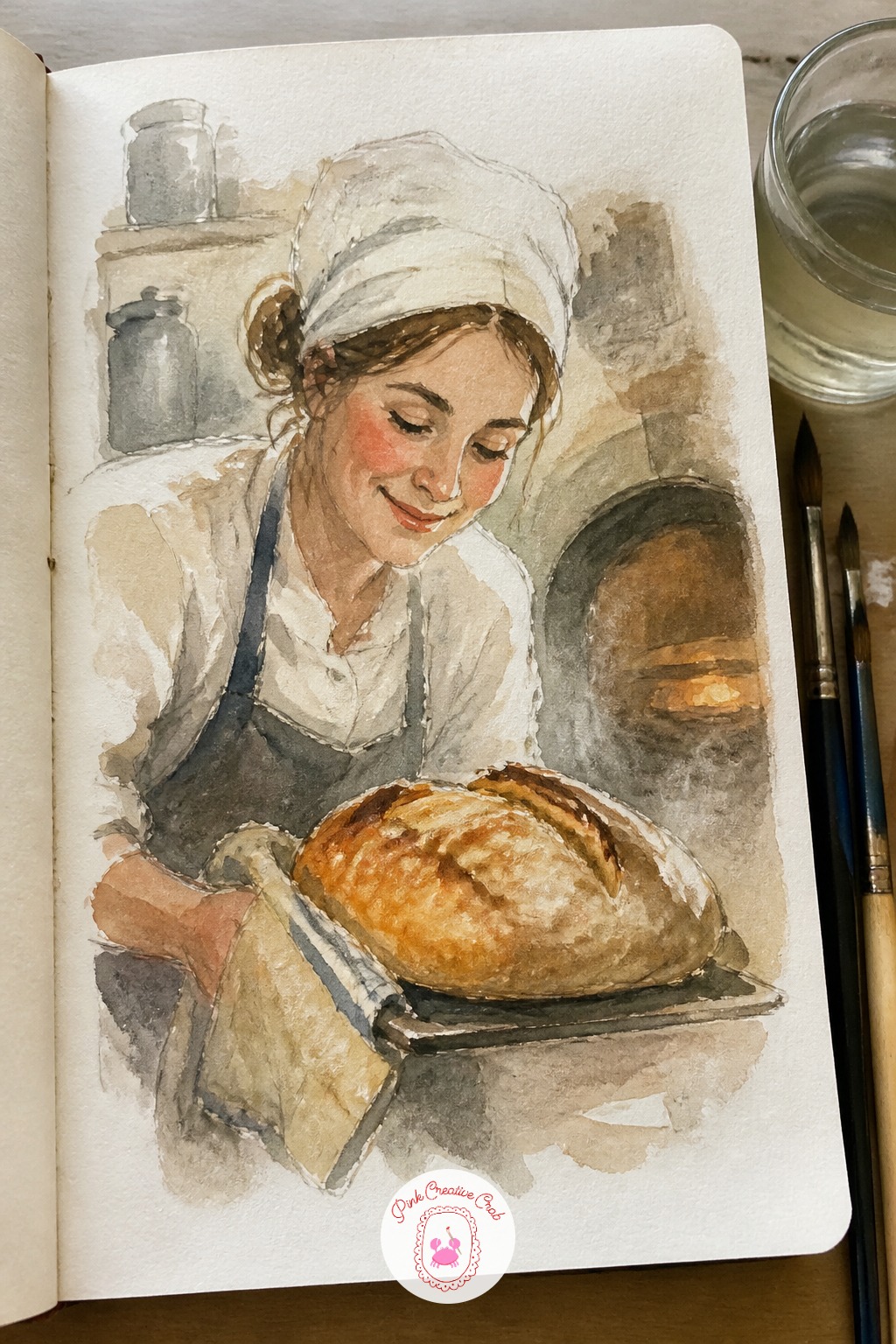 Baker Pulling Bread From the Oven — Ten minutes covers the core of it: a warm-faced figure, oven mitts, one loaf shape pulled from a dark oven mouth.