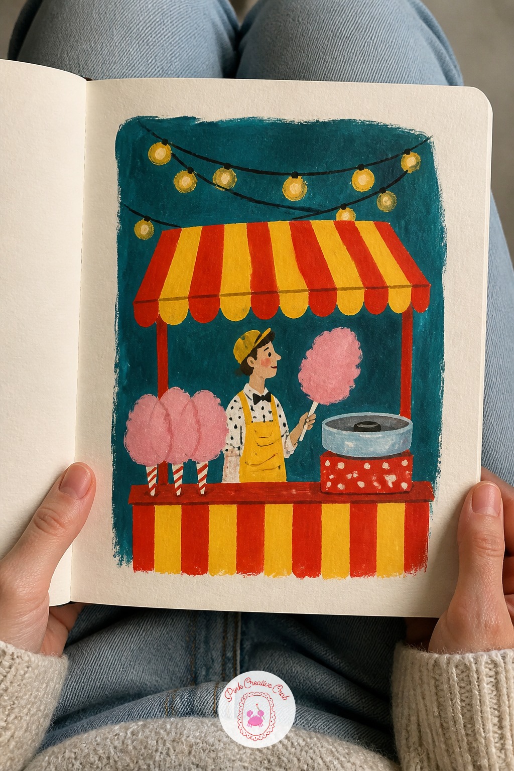 Candy Floss Stand Under Strings Of Lights — Start with the biggest shape first: the striped awning of the stand, painted as one flat red and yellow block