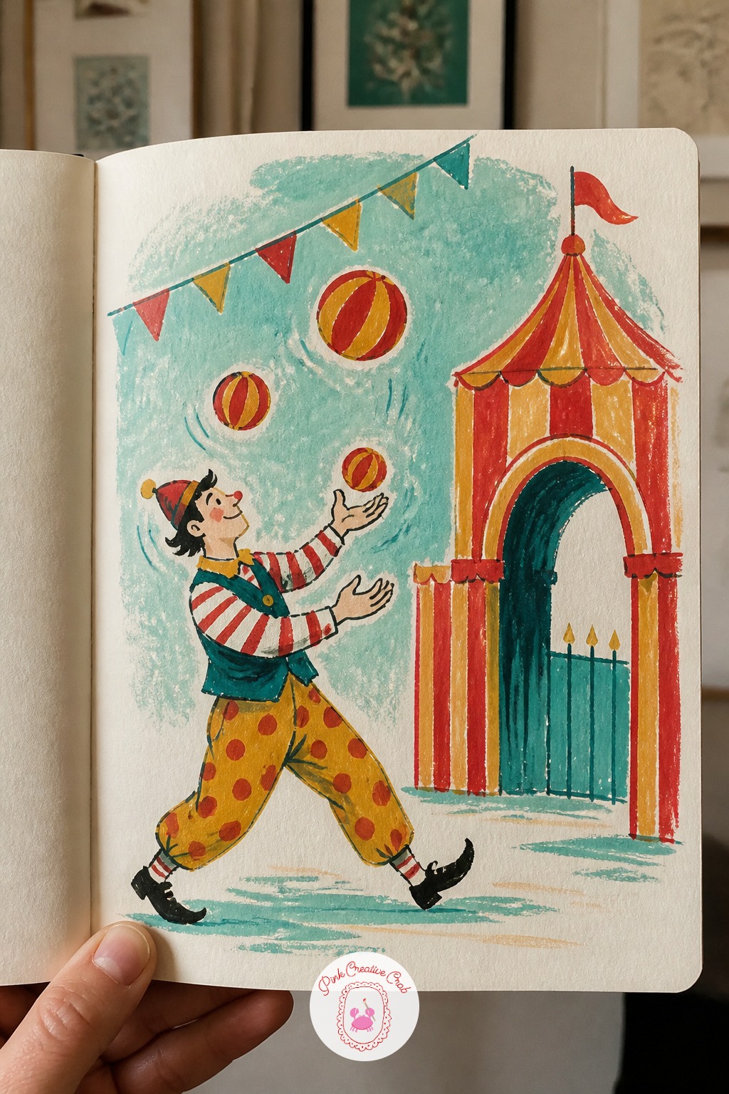 Juggler Tossing Striped Balls By The Entrance Gate — The usual mistake with juggling is painting every ball the same size, which flattens the sense of motion