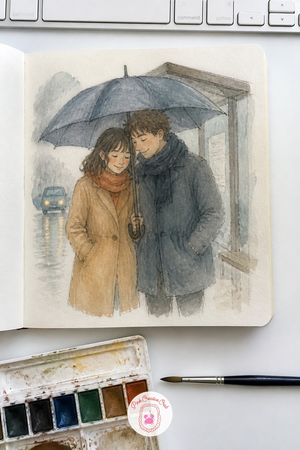Sharing an Umbrella at a Bus Stop — From a kitchen floor to a rainy street corner: this scene puts your couple under one umbrella at a bus stop, shoulders