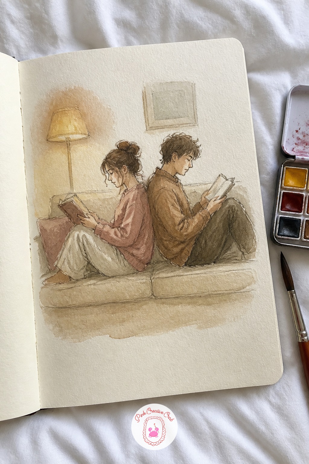 Reading Back to Back on a Sofa — Settle this pair onto a sofa next, sitting back to back with their own books, a lamp glowing somewhere nearby. Couple