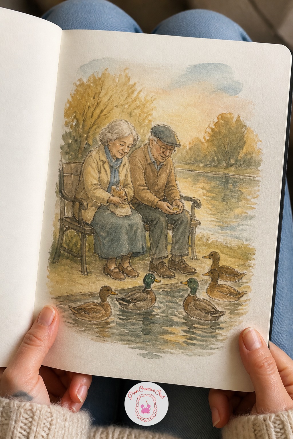 Elderly Couple Feeding Ducks — Here is one of the gentlest stories you can paint: an elderly couple on a park bench, feeding ducks at the water's edge. Couple