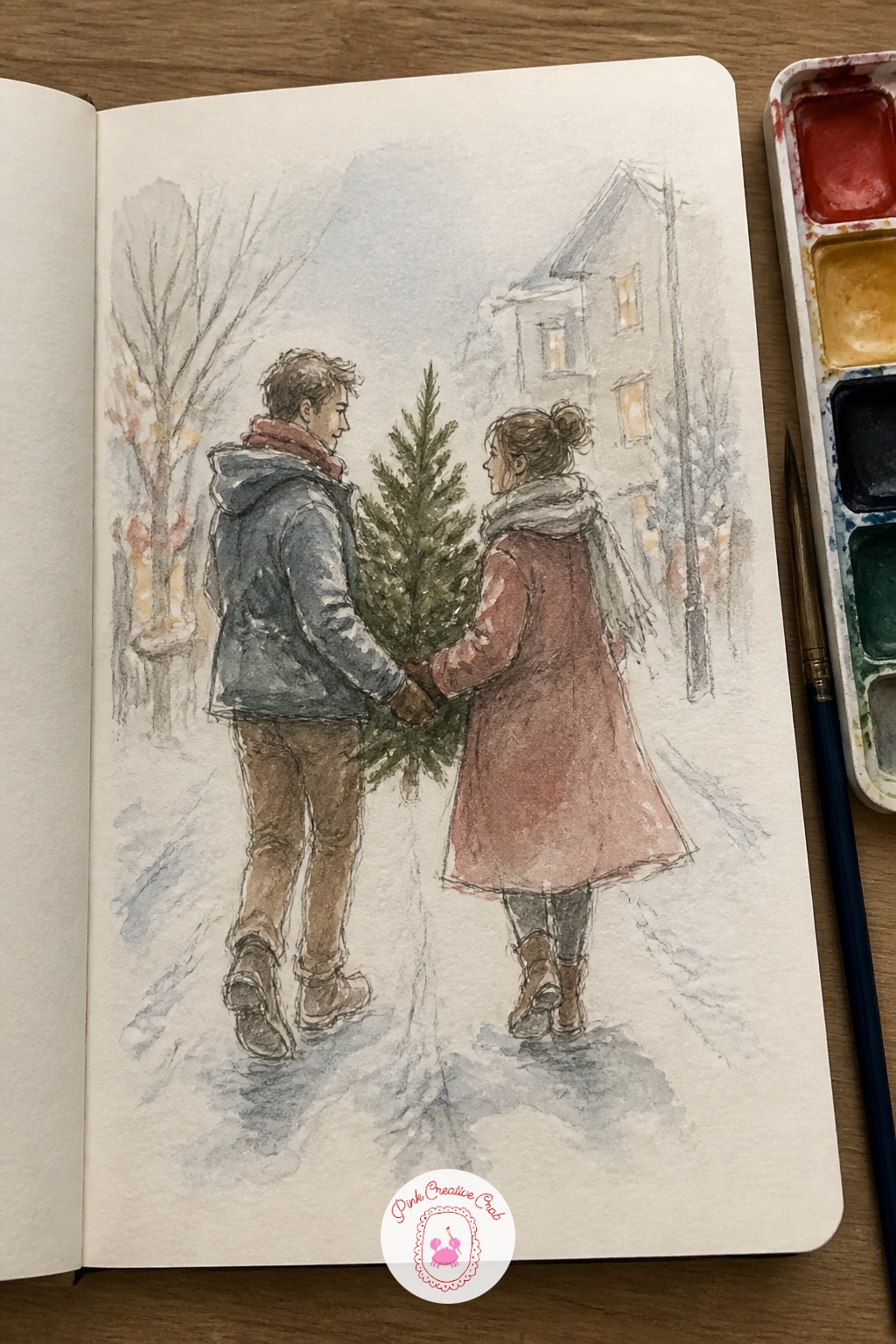 Carrying a Christmas Tree Home Together — Bundle your pair up in coats and give them a small pine tree to carry between them down a snowy street, one holding
