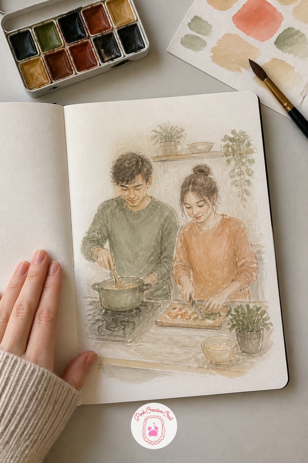 Cooking Dinner Side by Side — Move from snow back indoors with two people cooking dinner side by side at a stovetop, one stirring, one chopping. Couple