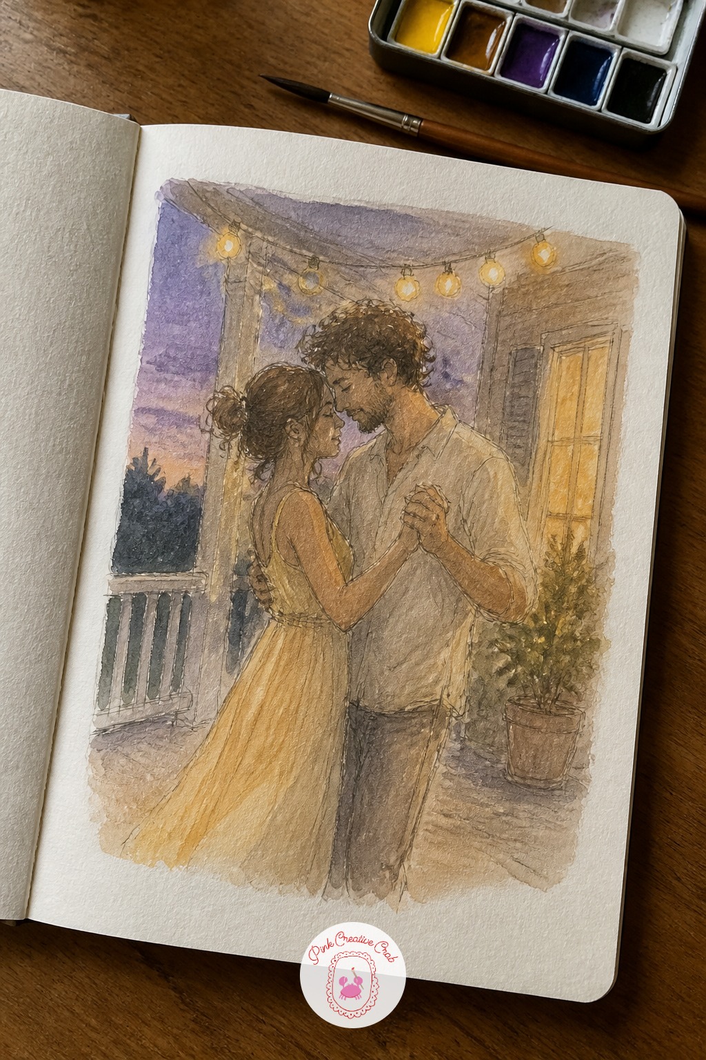 Slow Dancing on a Porch at Dusk — Take that kitchen dance outside now, onto a porch at dusk, string lights glowing overhead. Couple sketchbook