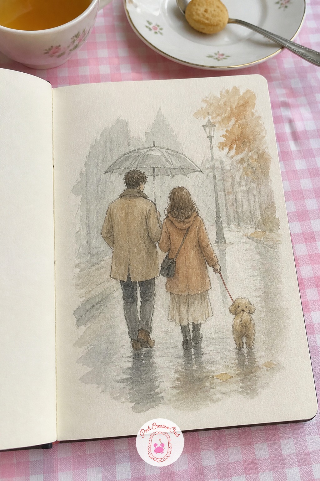 Walking a Dog in the Rain — Give your couple a third character now, a small dog pulling them along a rainy sidewalk, leash taut between the three of them.