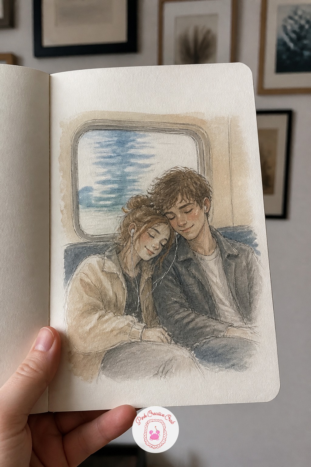 Sharing Headphones on a Train — Settle this pair into train seats now, heads tilted together over one shared pair of headphones. Couple sketchbook