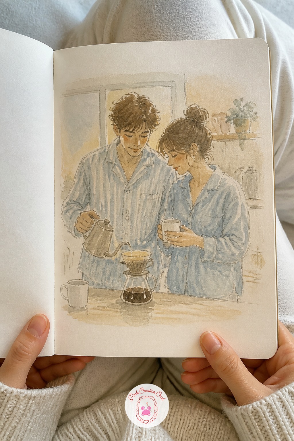 Making Coffee in Pajamas — Bring the morning in gently with two people in pajamas making coffee at a kitchen counter, one still half asleep. Couple sketchbook