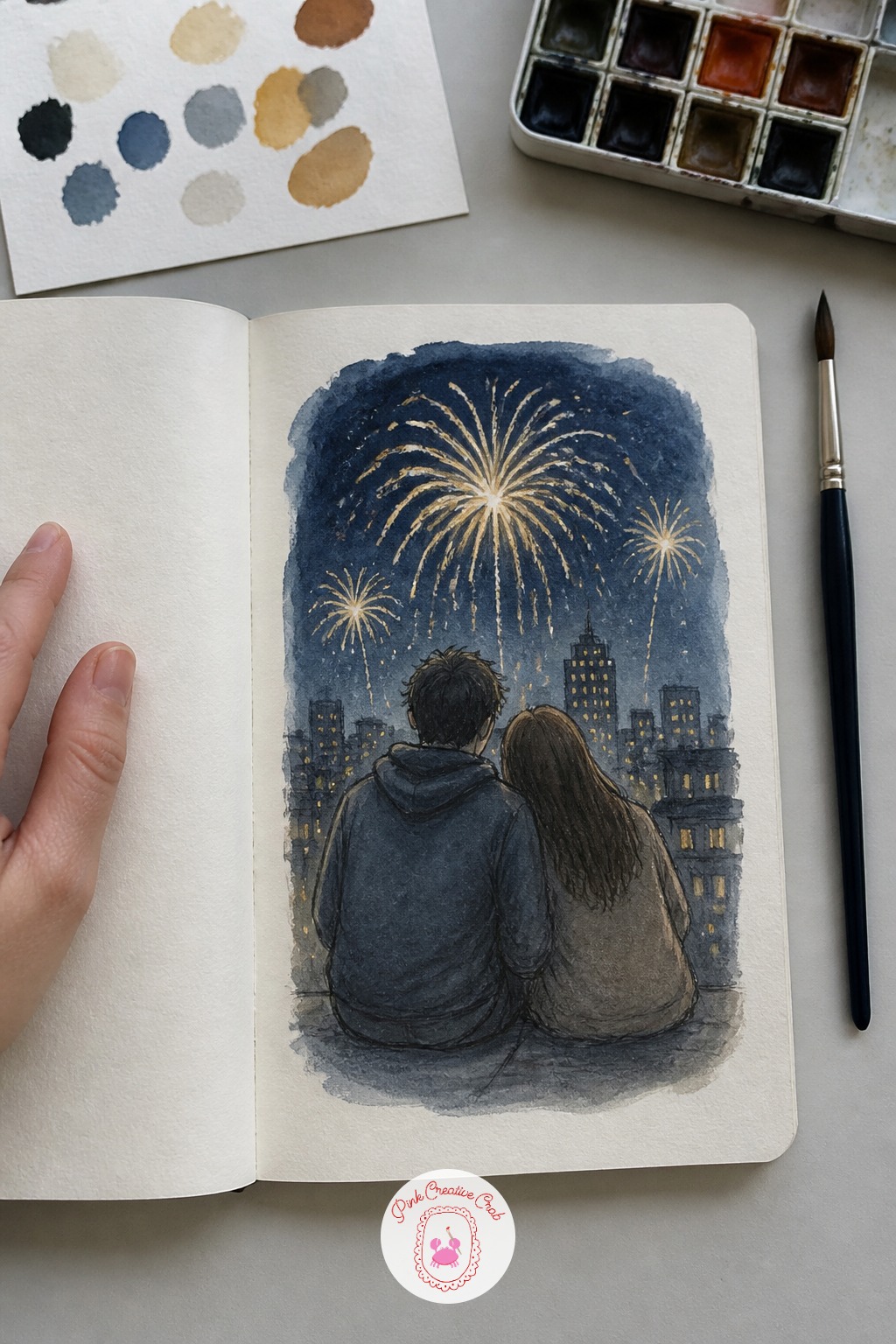 Watching Fireworks From a Rooftop — Take your pair up onto a rooftop now, watching fireworks burst above a dark skyline. Couple sketchbook