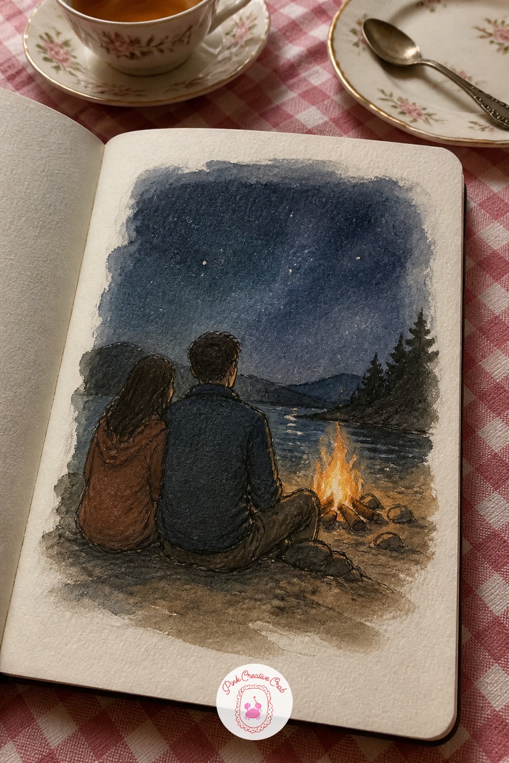 Camping Under the Stars — Zip your couple into sleeping bags by a small campfire under a starry sky for this one. Couple sketchbook