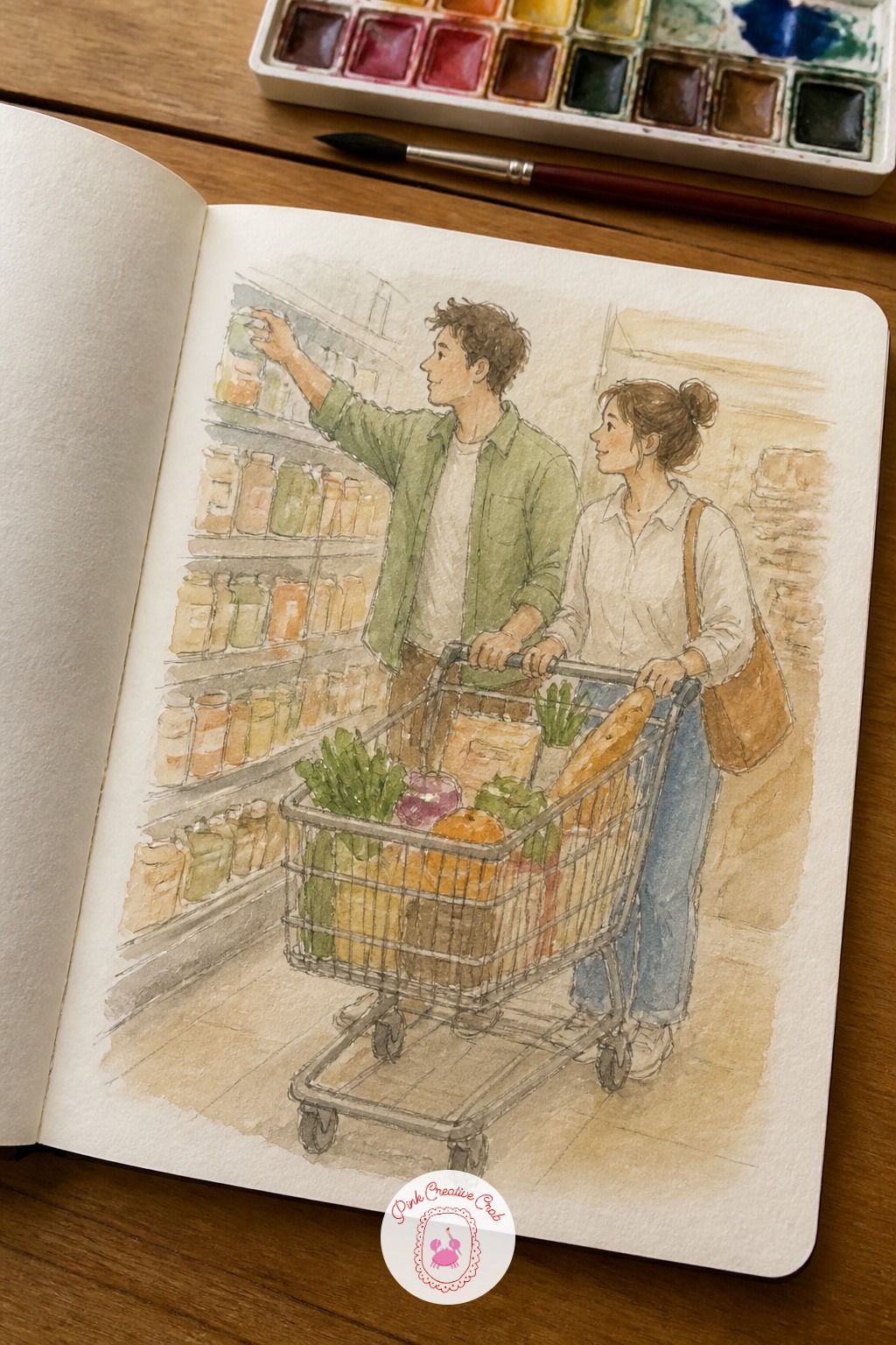 Grocery Shopping With a Full Cart — Here is a sweetly unglamorous scene: two people pushing a slightly overfull grocery cart down a store aisle, one leaning on