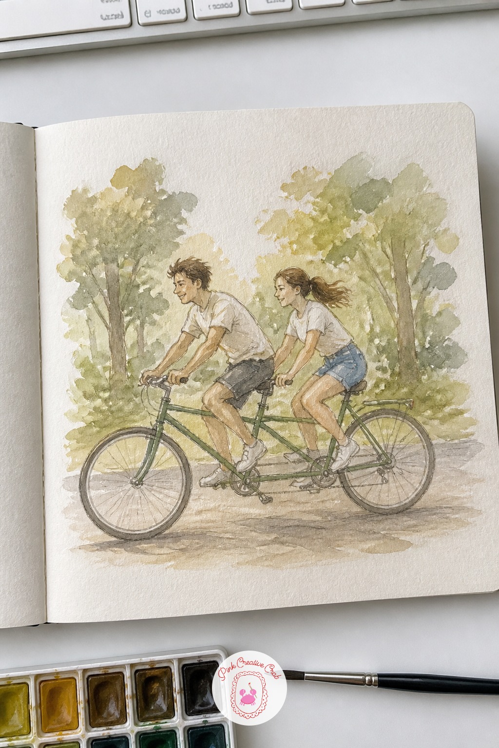 Riding a Tandem Bicycle — Put your couple on a tandem bicycle riding down a tree-lined path for a scene full of motion. Couple sketchbook
