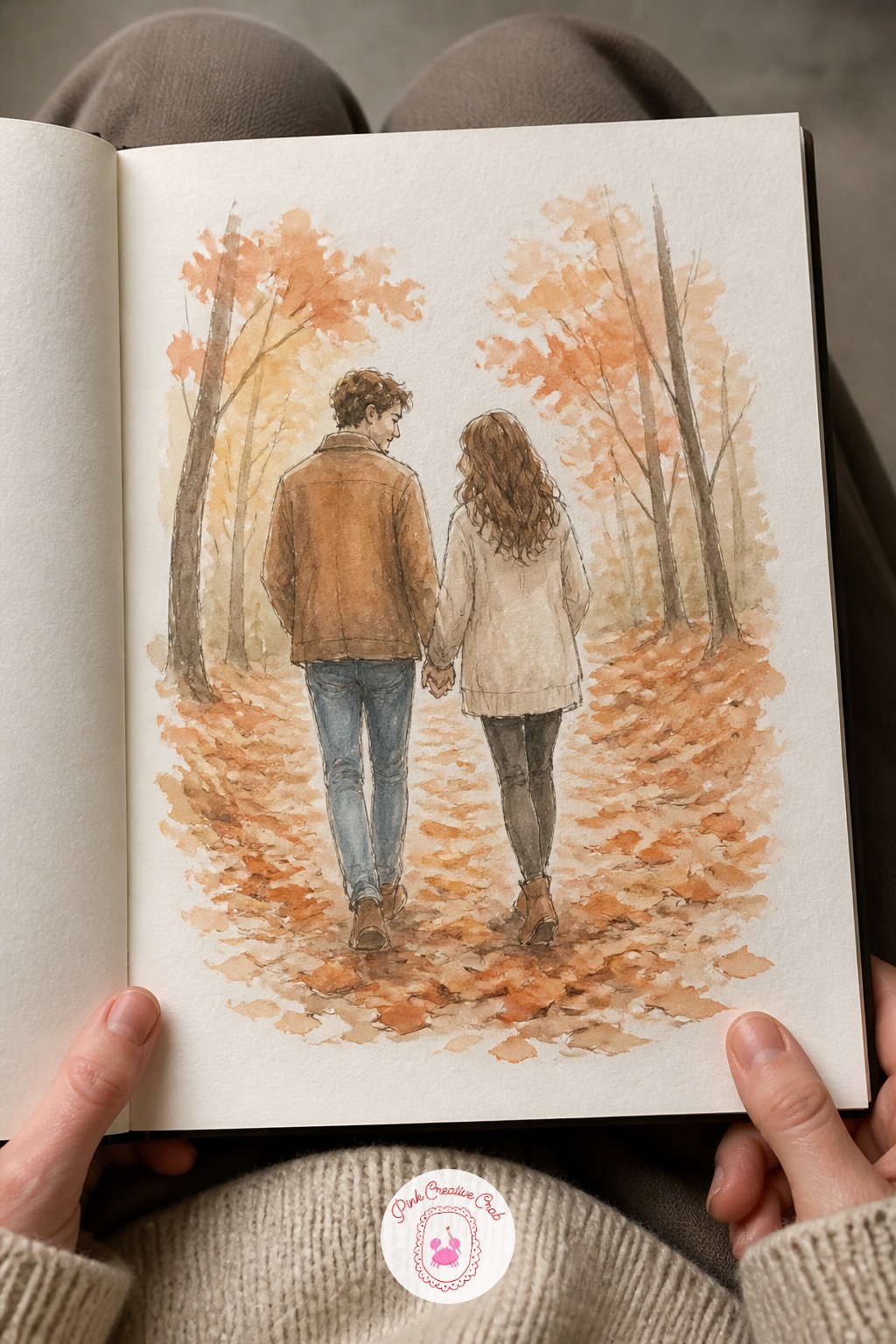 Walking Through Autumn Leaves — Kick through a pile of fallen leaves with your couple on a crisp autumn walk, hands linked, coats buttoned up. Couple sketchbook