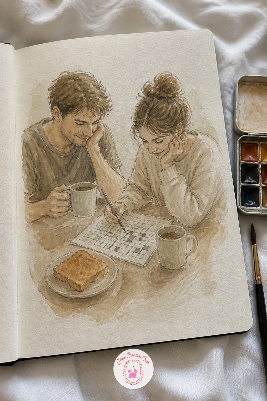 Doing a Crossword Over Breakfast — Settle this pair at a breakfast table with one shared newspaper crossword between them, pencil in hand, toast half eaten.