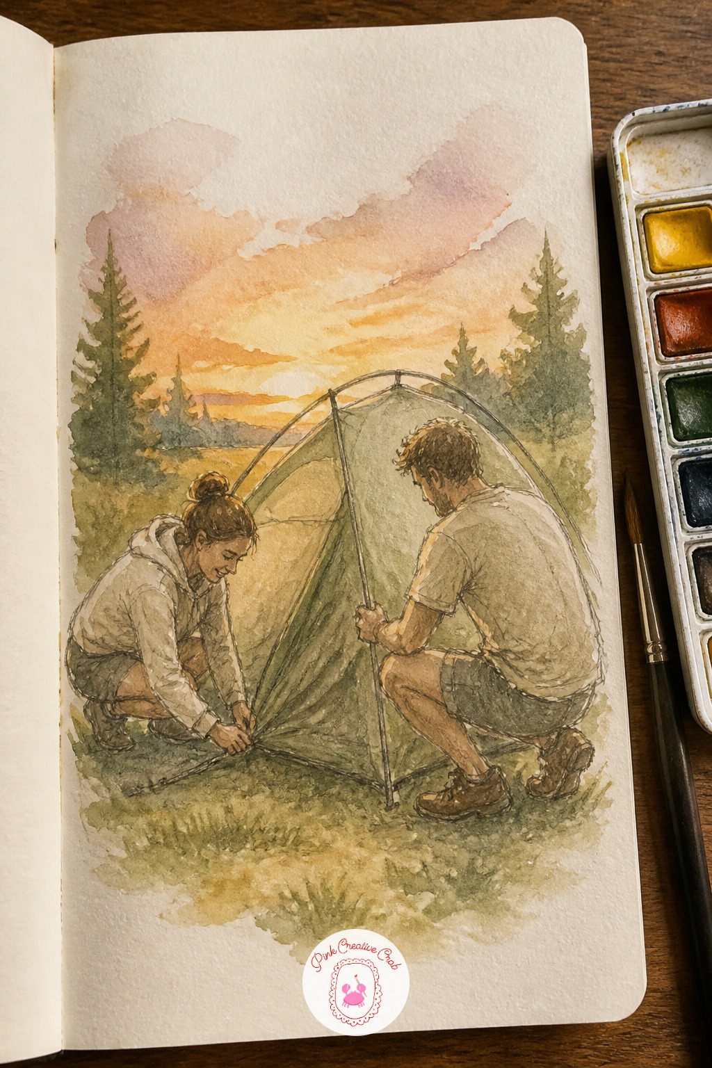 Setting Up a Tent at Golden Hour — Give this pair a bit of comic struggle: setting up a tent together at golden hour, one holding a pole, one wrestling with