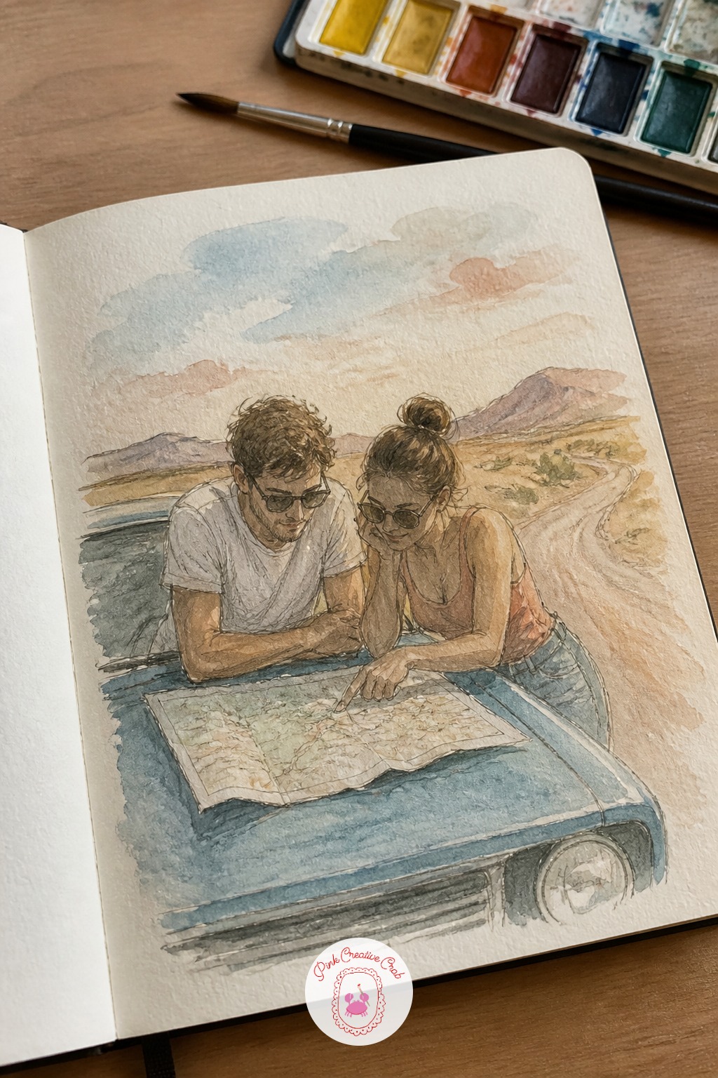 Reading a Map on a Road Trip — Pull your couple over at a roadside stop, leaning on the hood of a car with a paper map spread between them. Couple sketchbook