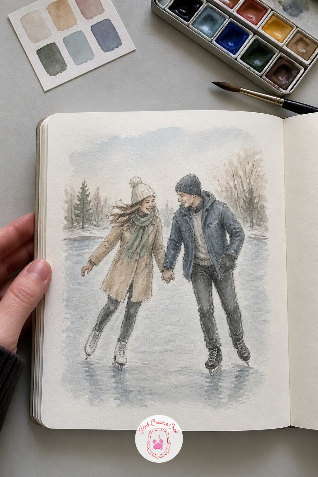 Ice Skating Hand in Hand — Take your couple onto a frozen pond or rink next, skating hand in hand with a bit of a wobble. Couple sketchbook