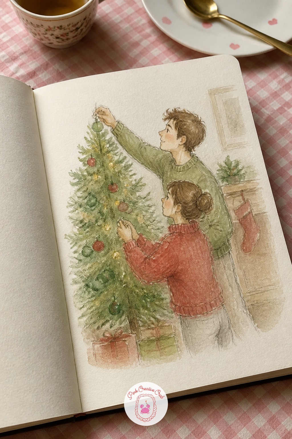 Decorating a Christmas Tree — Bring your couple back indoors for a cozy evening trimming a Christmas tree together, ornaments half unpacked in a box nearby.