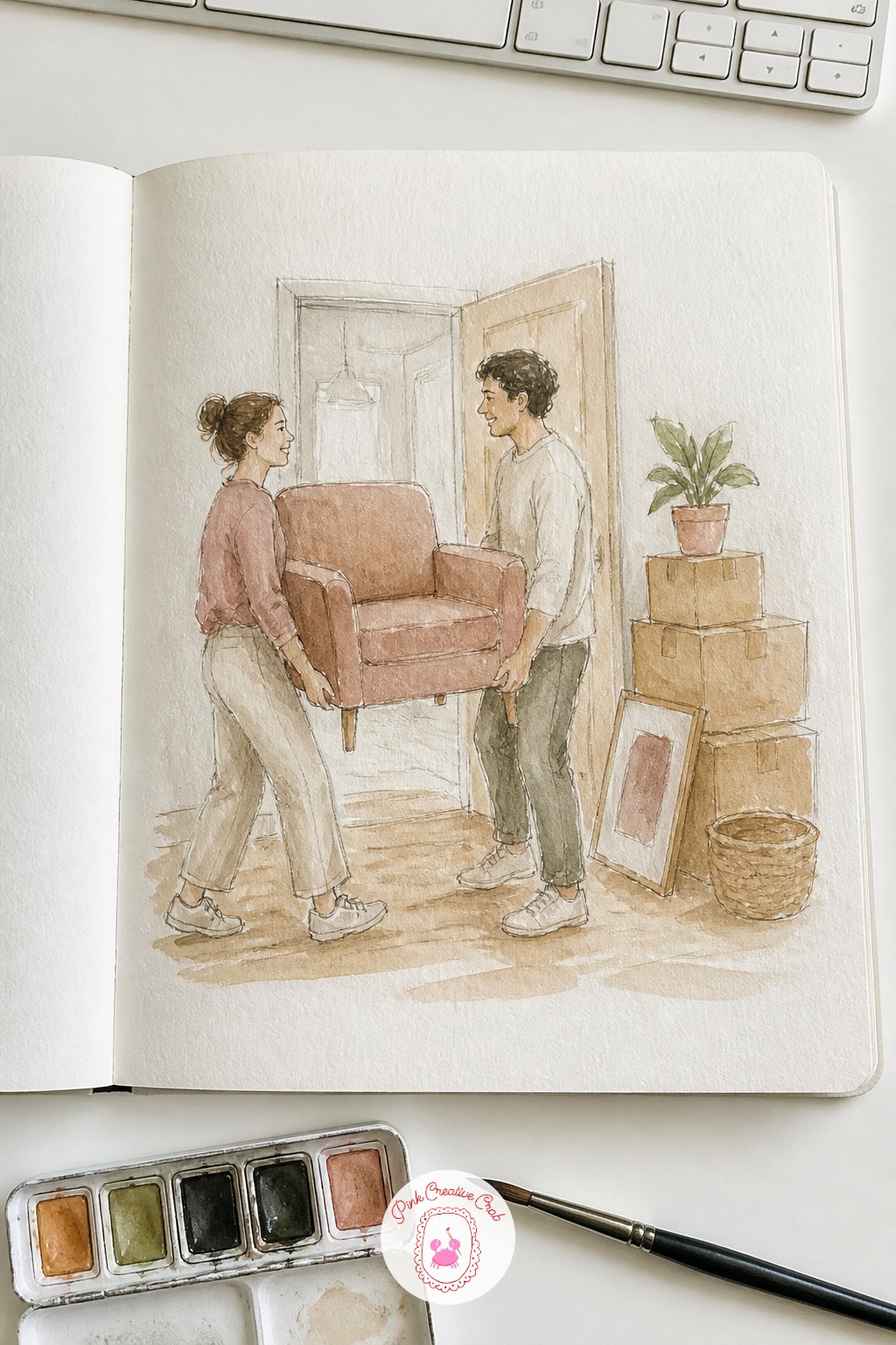Moving Furniture Into a New Apartment — Give this couple a slightly chaotic, hopeful scene: carrying a couch or armchair together into a new apartment, boxes