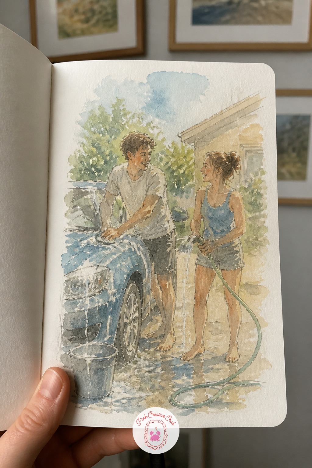 Washing a Car Together — Soap suds, a garden hose, and a sunny driveway: this scene has your couple washing a car together, one scrubbing, one rinsing. Couple