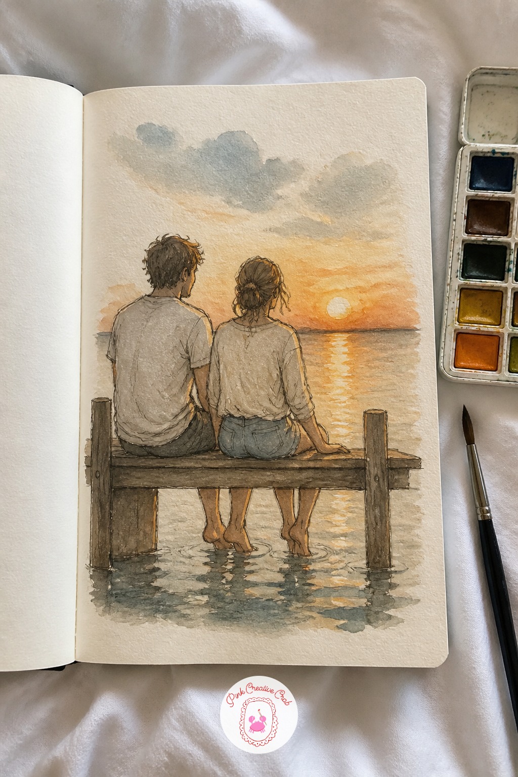 Sitting on a Pier With Feet in the Water — Let your couple dangle their feet off the edge of a pier over calm water, sun low on the horizon. Couple sketchbook