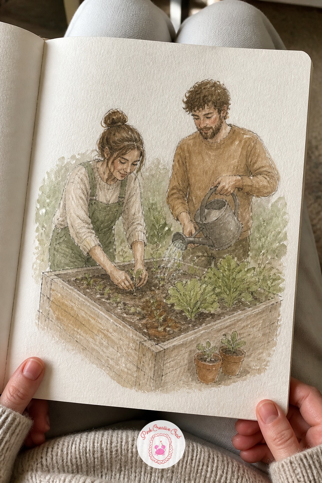 Gardening Together in Raised Beds — Kneel your couple down beside a raised garden bed, one planting seedlings, one watering nearby. Couple sketchbook