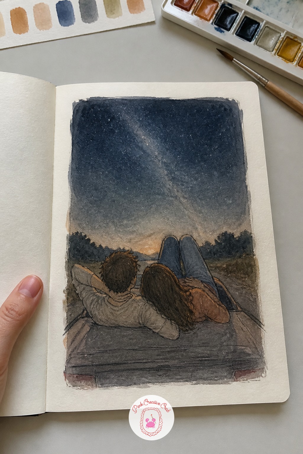 Stargazing From a Car Hood — Send your couple back out to a quiet field or driveway, lying across the hood of a car to watch the stars. Couple sketchbook