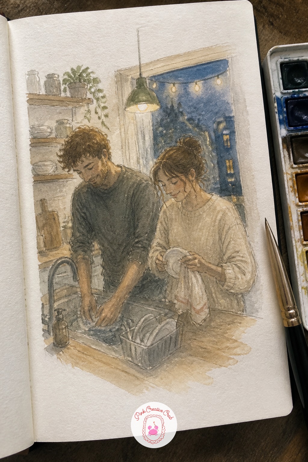 Doing Dishes Together After Dinner — Wrap up an evening scene with your couple doing dishes side by side, one washing, one drying, a window glowing dusky blue