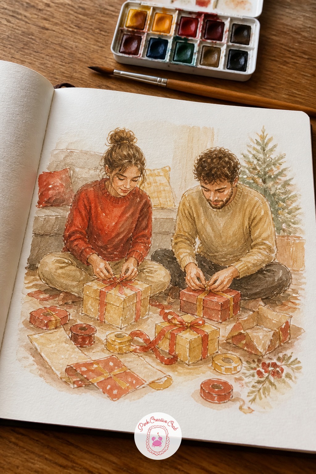 Wrapping Gifts on the Living Room Floor — Close this list with a cozy final scene: your couple sitting cross-legged on the living room floor, wrapping gifts