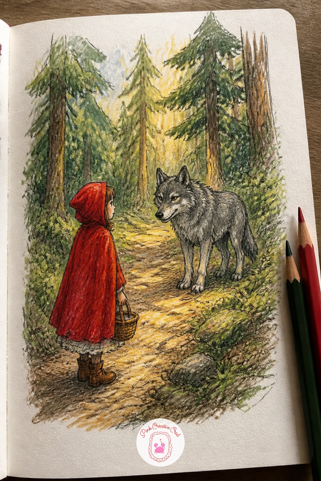 Red Riding Hood Meets the Wolf — Red Riding Hood meeting the wolf on the forest path is the scene everyone pictures when they think of this tale, so it makes a
