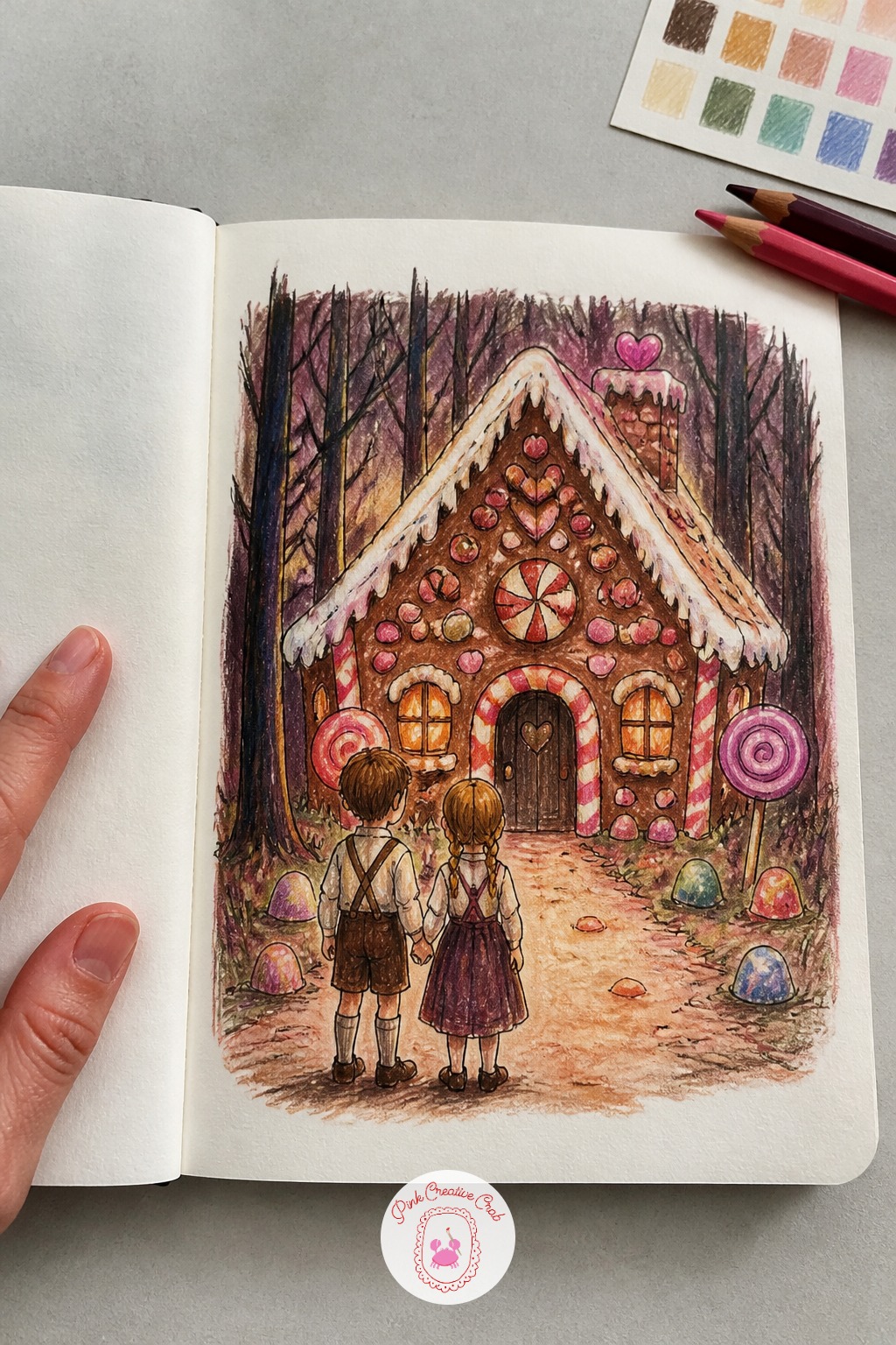 Hansel and Gretel Find the Gingerbread House — Hansel and Gretel finding the gingerbread house deserves the full page, because this is the moment the whole
