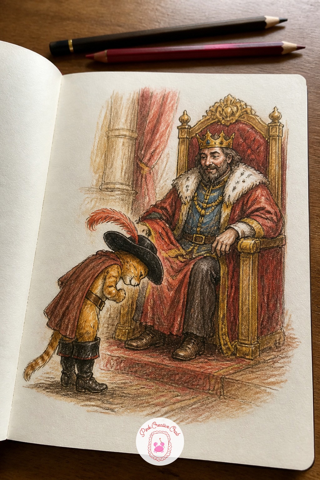 Puss in Boots Bows to the King — Puss in Boots bowing to the king is pure theatre, so give him a proper flourish: hat off, one boot forward, tail curled behind