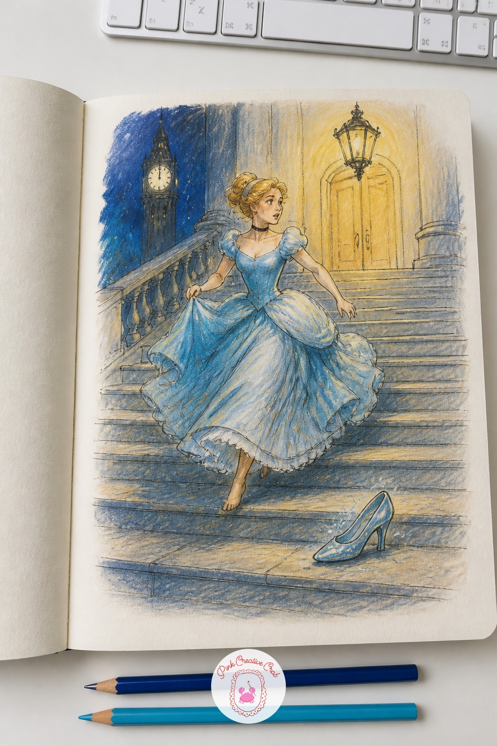 Cinderella Losing Her Slipper on the Steps — Cinderella losing her slipper on the steps carries the whole story in one small gesture, so let the slipper do the