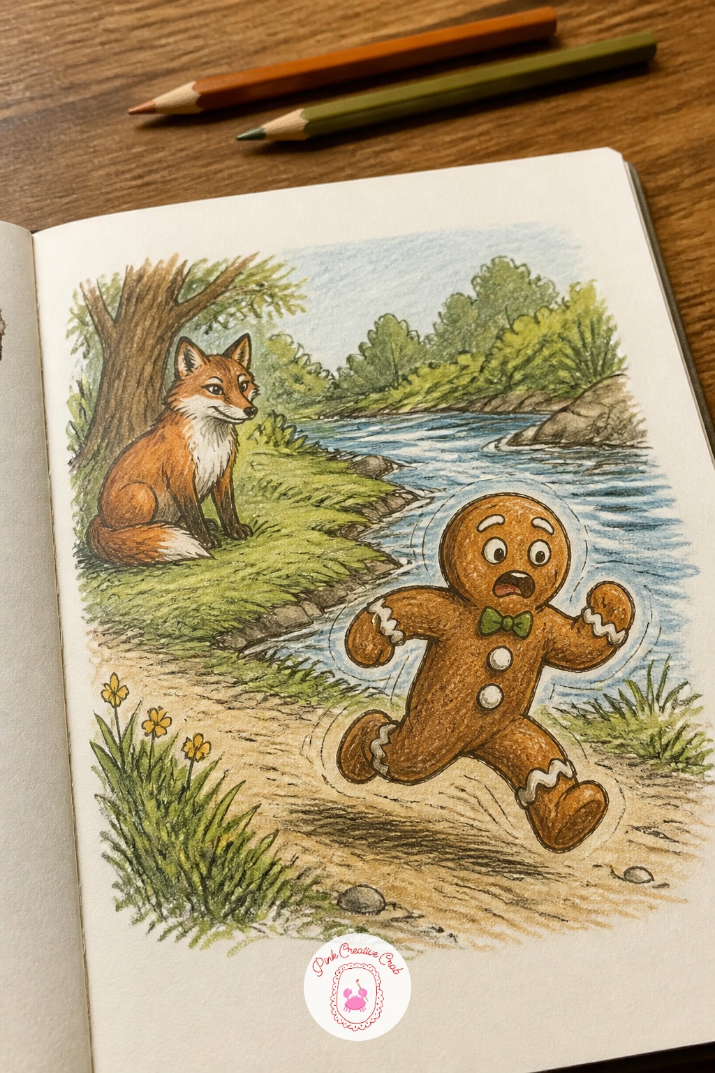 The Gingerbread Man Running Past the River — The gingerbread man running past the river needs motion in every line, so let his arms and legs splay out at odd