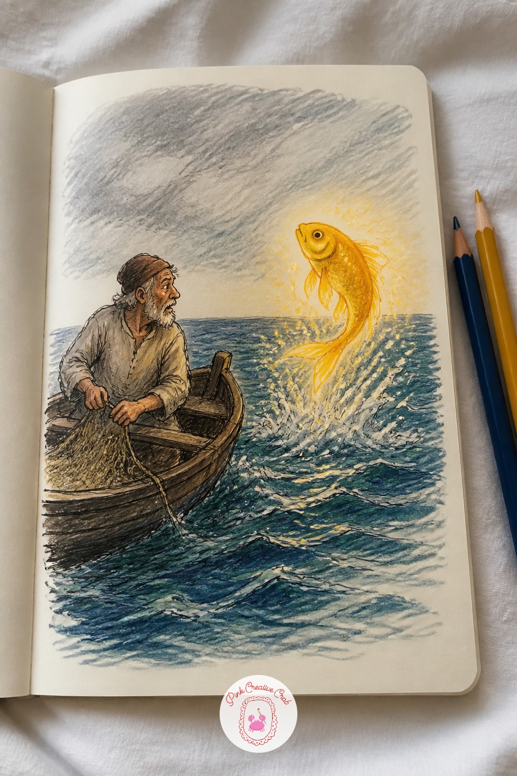 The Fisherman and the Golden Fish — The fisherman and the golden fish rising from the sea to grant a wish is a scene about contrast between the ordinary and