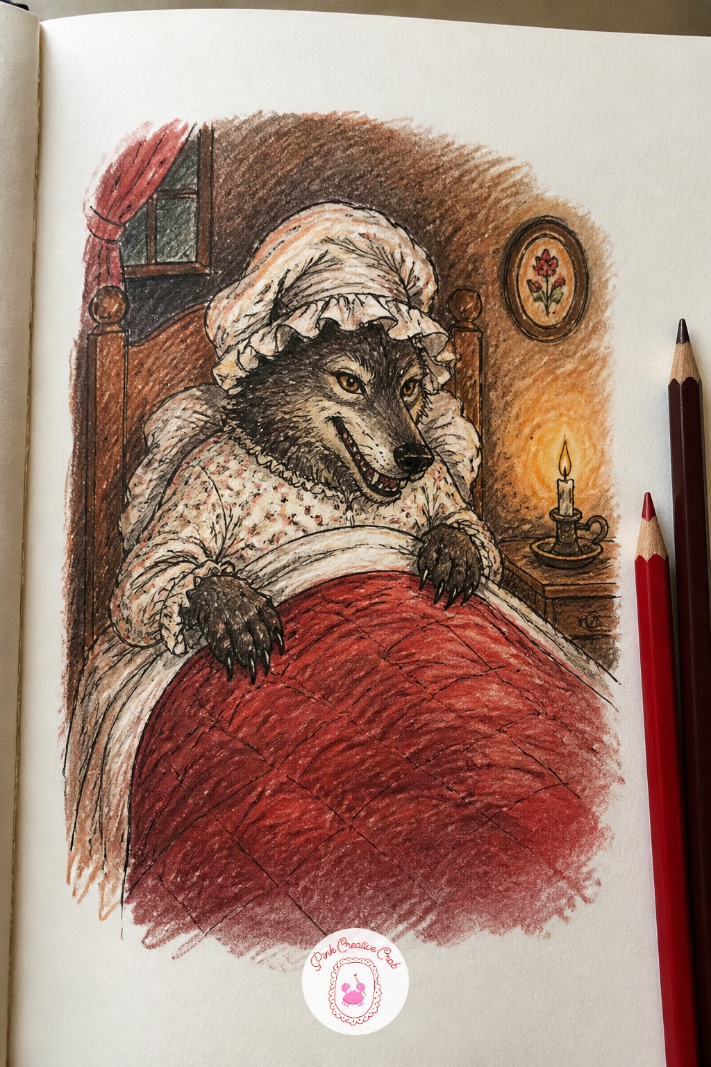 Little Red Riding Hood's Grandmother's Cottage — Little Red Riding Hood's grandmother's cottage, with the wolf already tucked into the bed wearing the