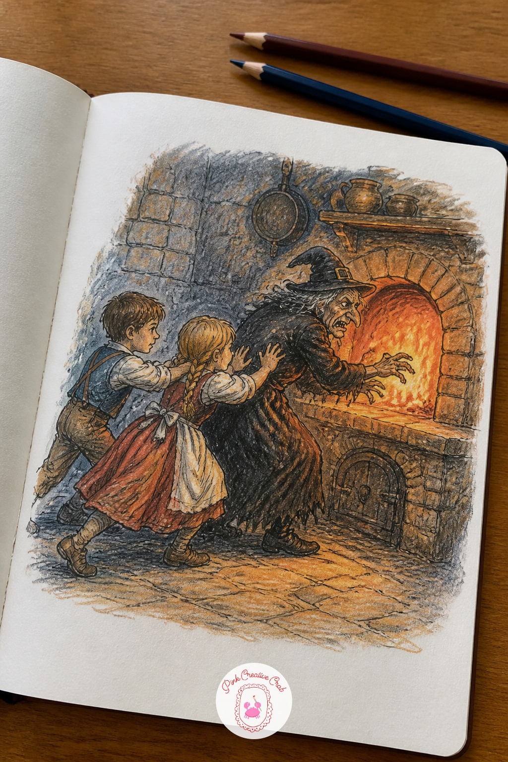 Hansel and Gretel Pushing the Witch Into the Oven — Hansel and Gretel pushing the witch into the oven is the dramatic turn of their story, and this scene