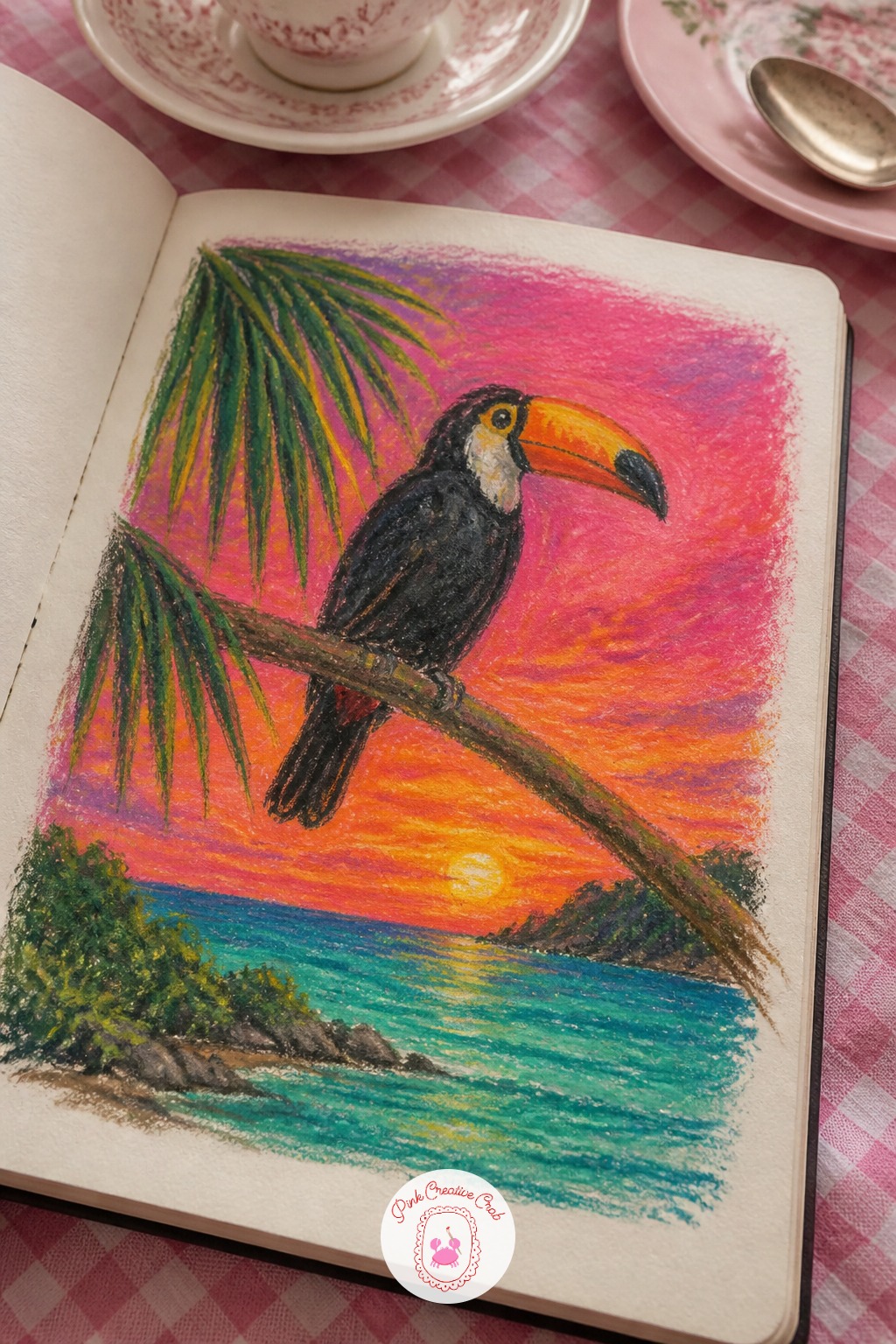 Toucan On A Palm Branch — Start with the easiest bird on the island: a toucan perched on a palm branch over a turquoise bay. Oil pastel sketchbook