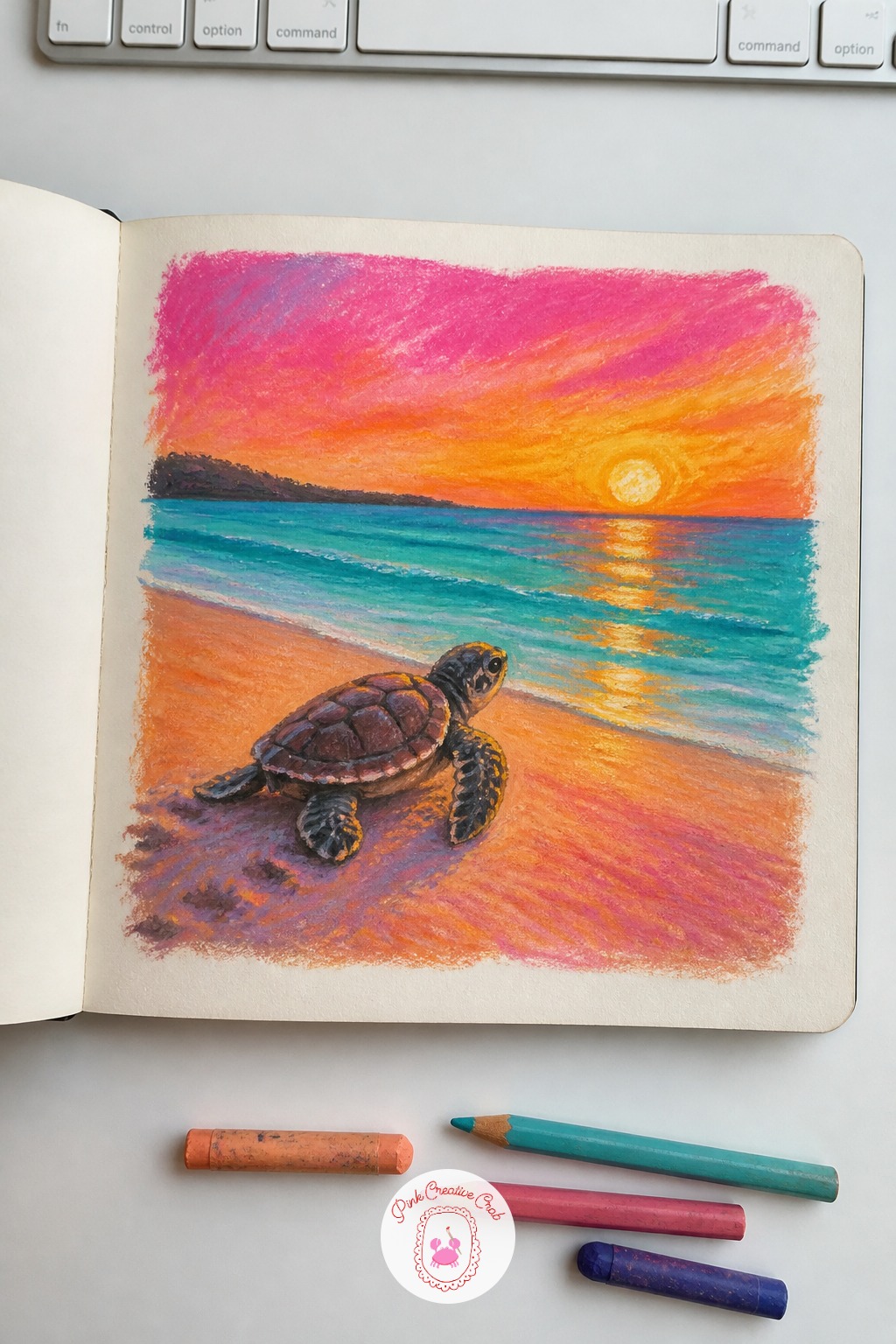 Sea Turtle Crawling To The Water At Sunset — Light does a lot of the work in this one, so decide where the sun sits before you draw a single line. Oil pastel
