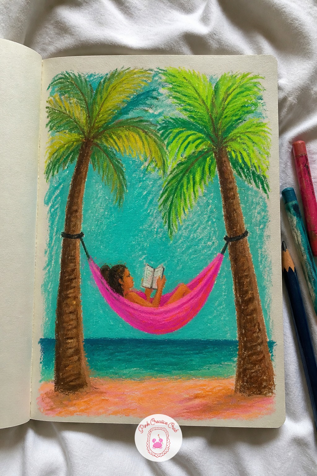 Girl Reading In A Hammock Between Palms — This scene carries real color contrast, so start with the usual mistake: painting the hammock too flat and the sky