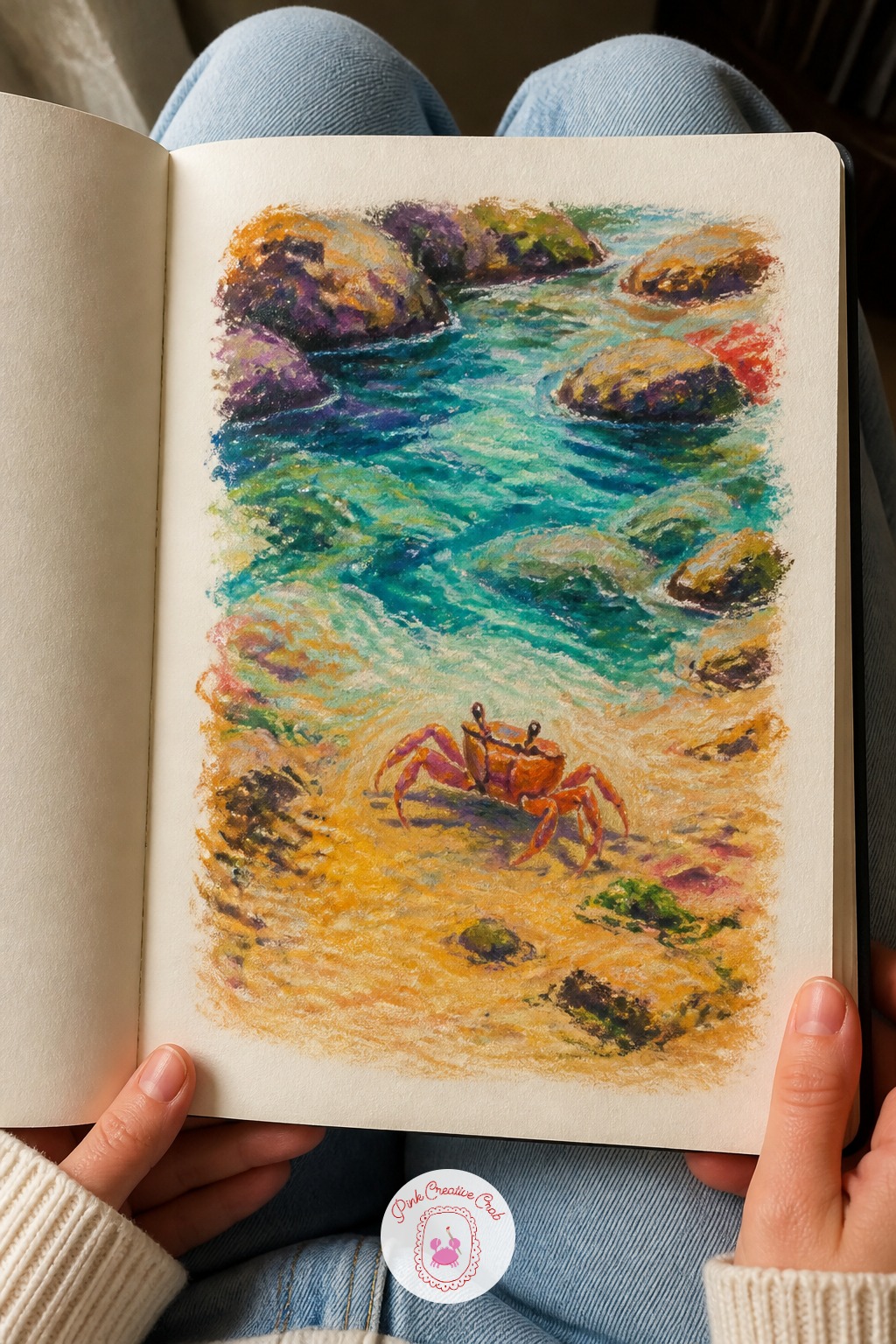 Crab Scuttling Across A Tide Pool — Keep the tools simple for this tiny scene and lean on a blunt pastel edge for the crab's shell, since a rounded stroke