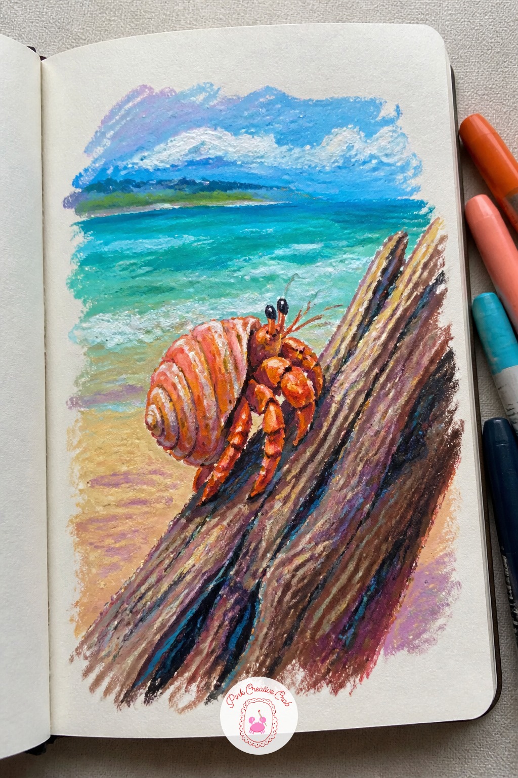Hermit Crab Climbing A Driftwood Log — Building on that last crab, try one with more going on: a hermit crab hauling its shell up a piece of driftwood on the