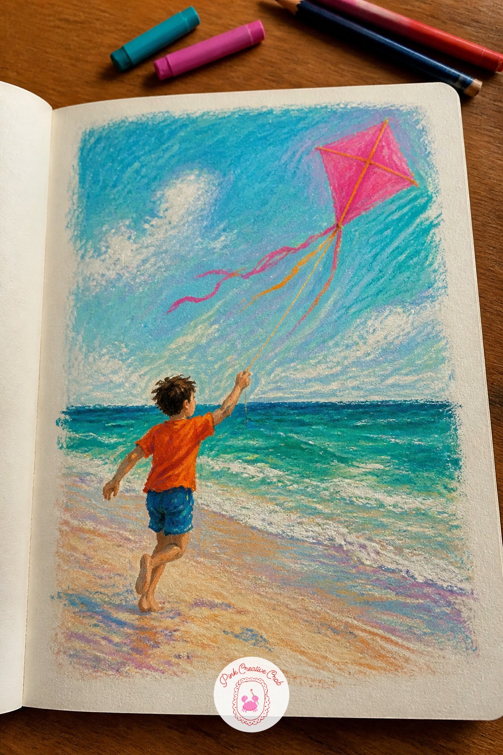 Boy Flying A Kite On The Shoreline — Give this scene a quick version and a longer one. Oil pastel sketchbook